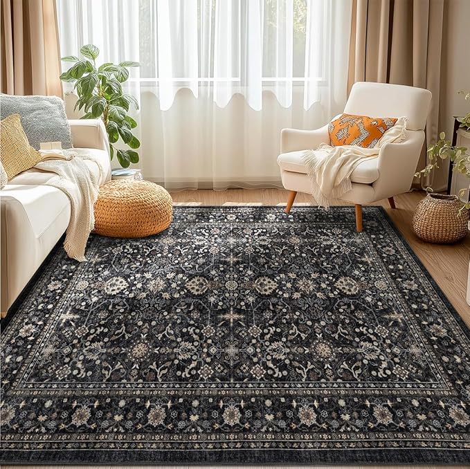 Area Rug Non Slip Machine Washable Ultra Soft Living Room/Bedroom/Kitchen/Outdoor/Classroom Black Grey, 6'×9'