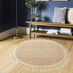 Collive Hand Woven Round Area Rug Soft Cotton Machine Washable Carpet 4ft Farmhouse Rugs with Tassels, Tan/Cream Circle Rugs for Bedroom Living Room Dining Room Table Office