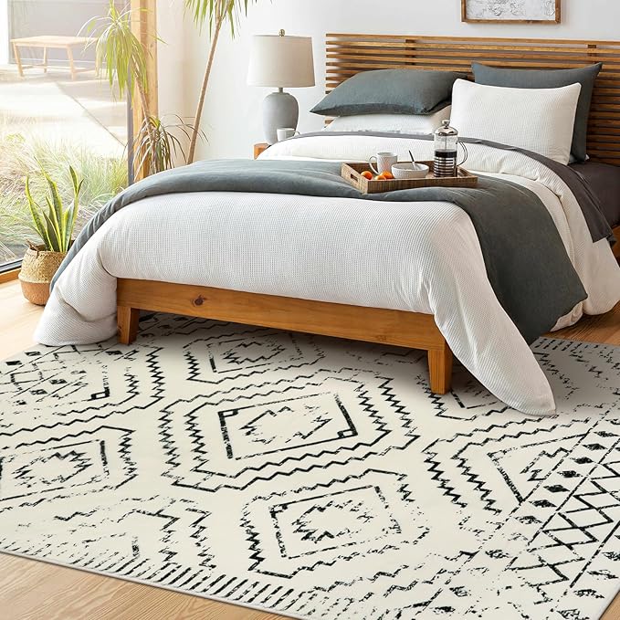 Wonnitar Moroccan Washable Rugs 5x7, Large White Tribal Area Rug for Living Room, Non-Shedding Soft Bedroom Accent Throw Mat, Geometric Floor Carpet for Dining Table Entry Office (Beige,5'x7')