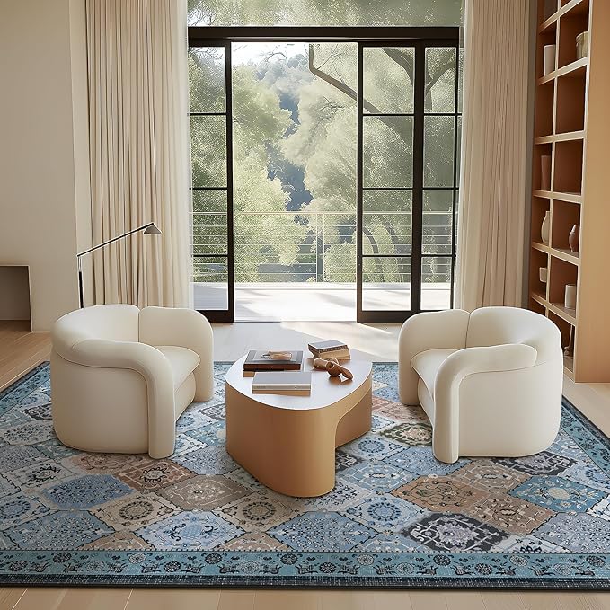 Phantoscope Washable Round Area Rug 6ft Non-Slip, Vintage Boho Rugs for Living Room, Bedroom, Dining Room, Distressed Moroccan Mosaic Diamond Pattern, Low-Pile Foldable Floor Carpet, Blue Teal/Neutral