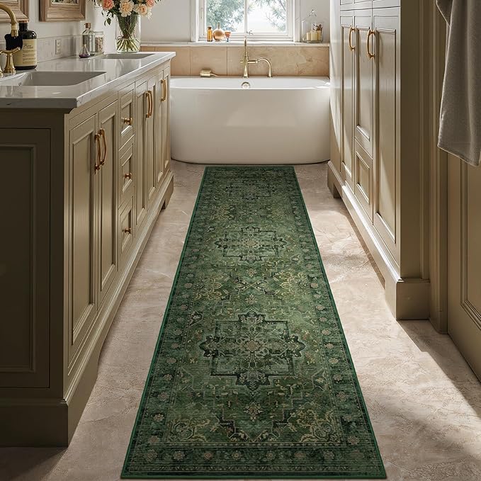 Dark Green 2x7 Hallway Runner Rug, Moody Vintage Medallion Entryway Rugs for Inside House Mudroom, Kitchen Runner Rugs Non Skid Washable, Carpet Runner for Bathroom Laundry Room Bedroom