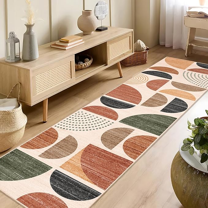 MUJOO Boho Runner Rug Washable,2x8 Area Rugs for Hallways Kitchen Bedroom Entryway Bathroom,Non Slip Carpet Long Mat Indoor,Soft Modern Abstract Bohemian Terracotta