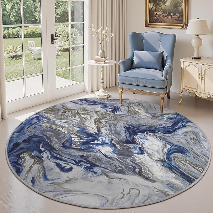 6x6 Round Area Rugs for Living Room, Modern Abstract Rug for Bedroom, Contemporary Machine Washable Rug, Large Stain Resistant Carpet for Dining Room Playroom Home Office, Pet & Kids Friendly