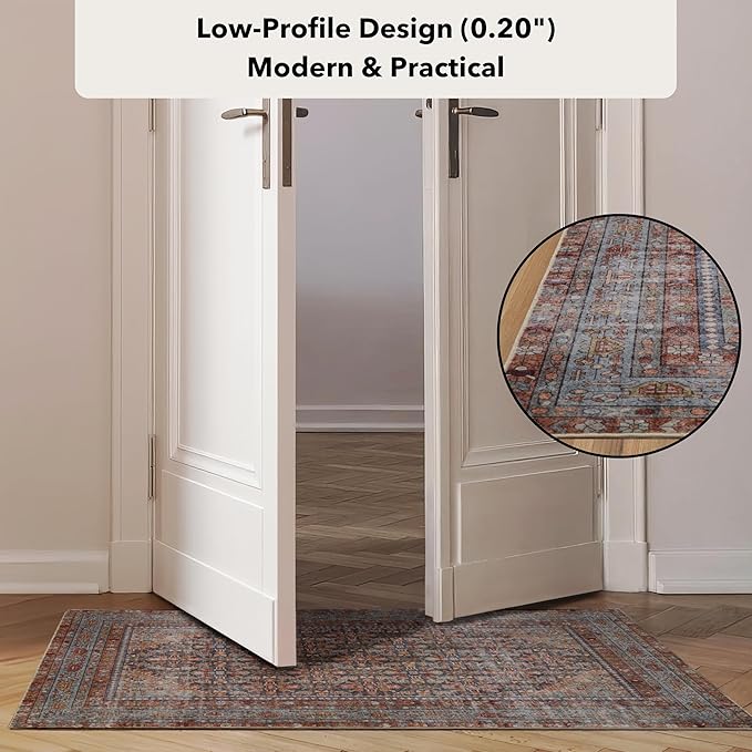 Kuden 8x10 Large Area Rug, Machine Washable Area Rug with Non-Slip Backing, Vintage Style, Soft, Easy Clean, Low Pile Rug for Living Room, Bedroom, Dining Room