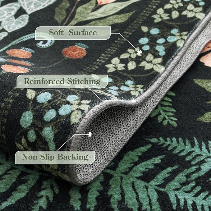 Boho Washable Living Room Bedroom Area Rug 8x10 Under Bed, Floral Large Living Dining Room Area Rugs for Under Table, Non Slip Botanical Indoor Carpet for Home Office Playroom (Black,8 x 10)