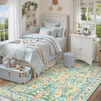 Lahome Washable 5x7 Area Rugs, Boho Pink and Green Floral Living Room Rug Non Slip, Vintage Girls Bedroom Indoor Carpet for Nursery Playroom Kitchen, Green/Multi