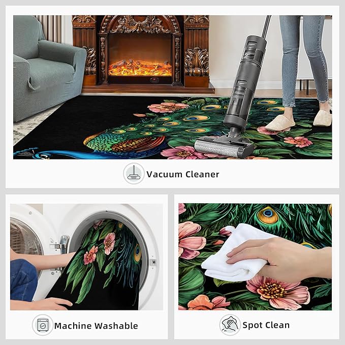 Peacock Peony Rugs for Bedroom - 2x3 Rug, Classic Peacock Peony Area Rugs for Living Room, Teal Turquoise Carpet, Floral Plant Washable Area Mat, Aesthetics Carpet - Peafowl Home Decor & Gifts