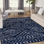 Wonnitar Moroccan Washable 9x12 Rug, Large Blue Rugs for Bedroom, Non-Slip Soft Living Room Area Rug, Boho Non-Shedding Ultra-Thin Floor Carpet for Dining Guest Room Home Office (Blue,9'x12')