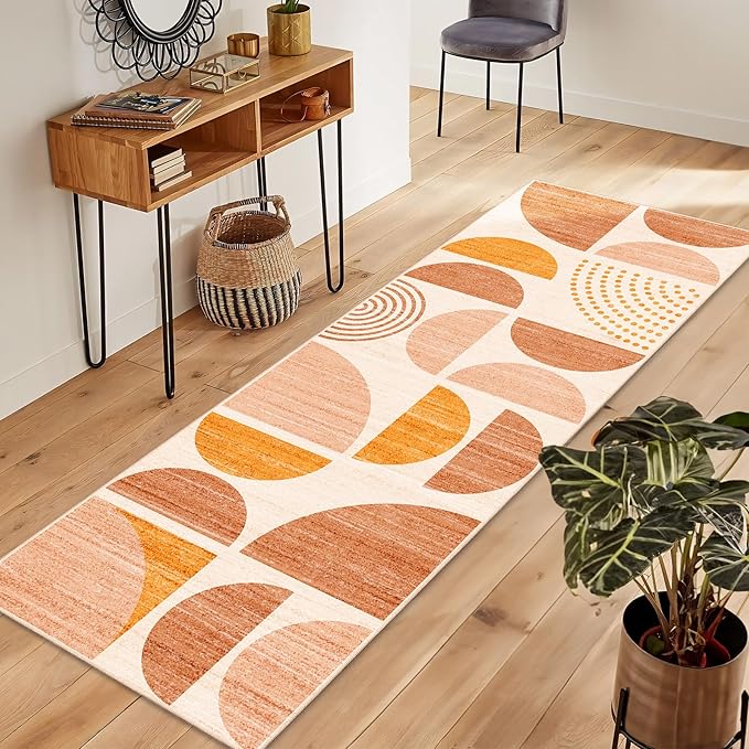 MUJOO Boho Runner Rug Washable,2x6 Area Rugs for Hallways Kitchen Bathroom Bedroom Entryway,Non Slip Carpet Long Mat Indoor,Soft Modern Abstract Bohemian Orange