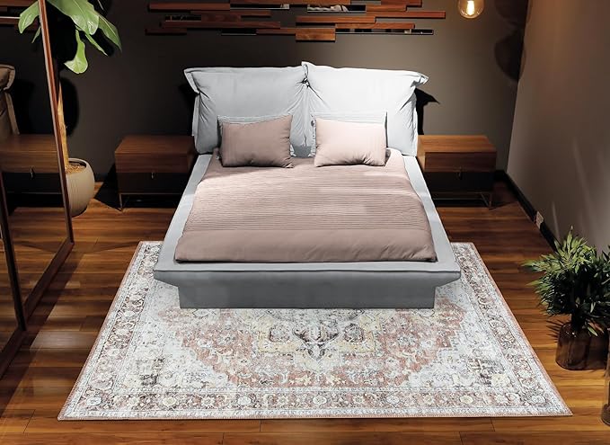 Bloom Rugs Washable Non-Slip 4' x 6' Rug - Blush/Beige Traditional Medallion Area Rug for Living Room, Bedroom, Dining Room, and Kitchen - Exact Size: 4' x 6'