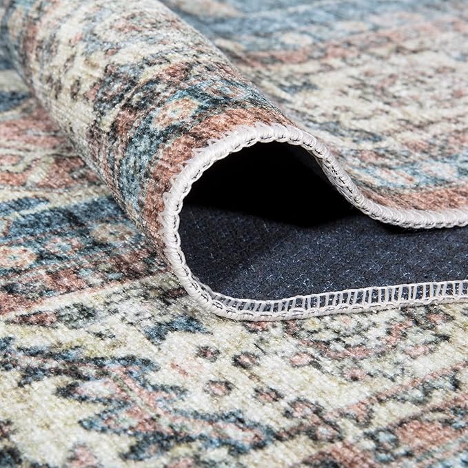 Bloom Rugs Caria Washable Non-Slip 8x10 Rug - Coral Pink/Ocean Blue Traditional Area Rug for Living Room, Bedroom, Dining Room, and Kitchen - Exact Size: 7'8" x 10'