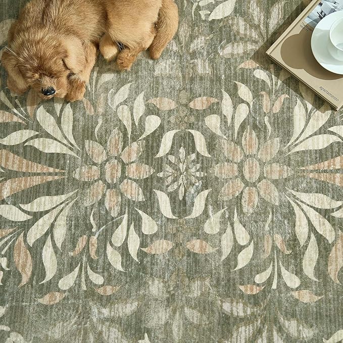 jinchan Green Floral 2x3 Rug for Entryway - Vintage Washable Area Rug Ultra-Thin Low Pile Soft Small Non Slip Distressed Doormat for Entrance Kitchen Bathroom Bedroom (2x3ft,Dark Green)