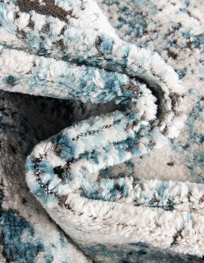 Rugs.com Leipzig Collection Rug – 8 Ft Runner Blue Low-Pile Rug Perfect for Hallways, Entryways