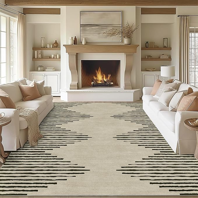 HelloTree Area Rug for Living Room 8x10 Washable Geometric Moroccan Rug Stripe Farmhouse Bohemian Minimalistic Non Slip Non Shedding Ultra Thin Soft Rug for Bedroom Office DiningRoom Nursery-Cream