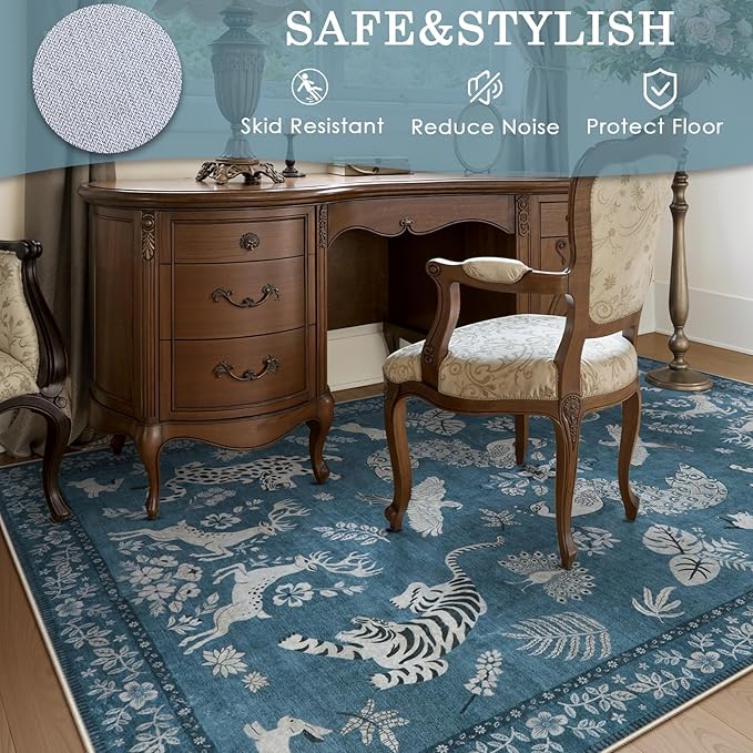Moynesa Animal Area Rugs 8x10, Washable Luxurious Vintage Boho Blue Area Rug for Living Room Bedroom Dining Room Office Playroom, Foldable Low Pile Soft Non-Slip Carpets for Indoor