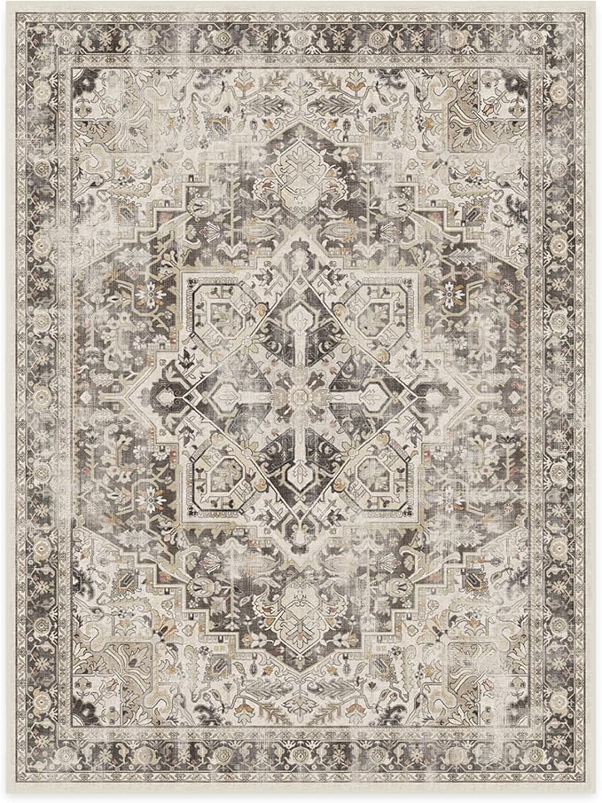 RUGGABLE Washable Vintage Area Rug – Kamran Hazel 9x12, Stain-Resistant, Non-Slip – Large Machine Washable Rugs for Living Room, Bedroom, Hallway, Entryway & Office–with Standard Pad