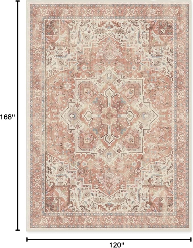 RUGGABLE Washable Area Rug – Kamran Rose Pink 10x14, Stain-Resistant, Non-Slip – Large Machine Washable Rugs for Living Room, Bedroom, Hallway, Entryway & Office–with Standard Pad