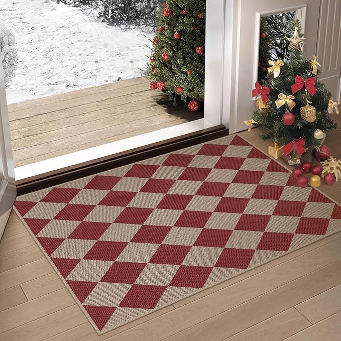 Easy Jute Checkered Christmas Rug, 2x3 Modern Red Xmas Indoor Outdoor Doormat, Washable Non-Slip Neutral Small Kitchen Rug Farmhouse Diamond Throw Rugs for Entrance Bedroom Bathroom
