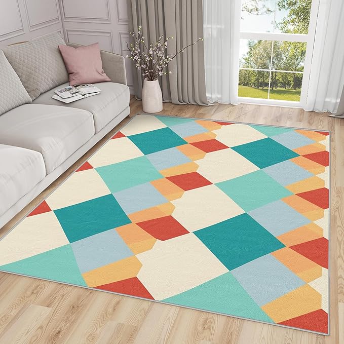 Geometric Rugs for Living Room - 5x6ft - Colorful Retro Mid Century Modern Rug for Bedroom Non Slip Low Pile Machine Washable Area Rugs, Geometric Carpets House Decor & Gifts