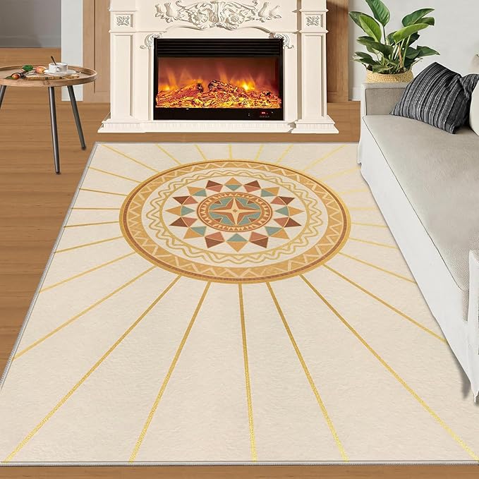 Boho Sun Area Rugs 4x5ft, Minimalist Line Kids Play Rug, Geometric Solar Throw Rugs Bedroom Fluffie Soft for Coffee Shop Living Room Under Table Game Room