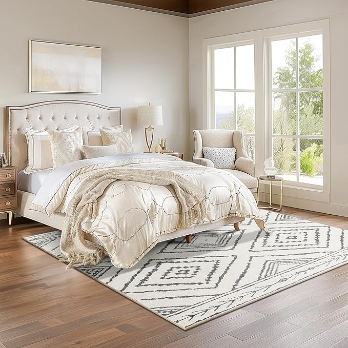 Area Rug 8x8 Rug Machine Washable Non-Slip Low Pile Print Pattern Western Rug for Living Room Bedroom Entryway Tribal Series -Navywhite/Black