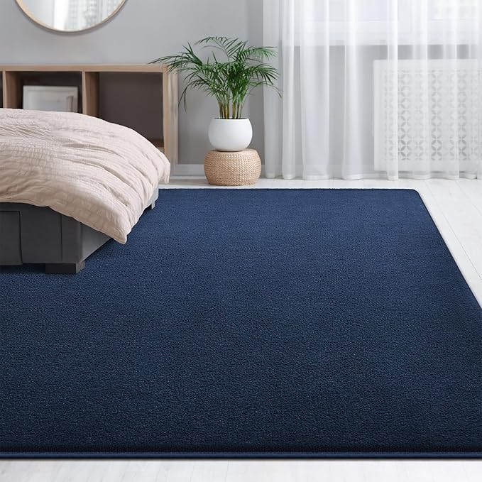 Large Area Rugs for Living Room Bedroom, 5x8 Feet Navy Blue Rug, Minimalist Modern Shag Rug, Soft Thick Memory Foam Indoor Carpet, Non-Slip Washable Rug for Boys Girls Dorm Nursery Room Home Decor