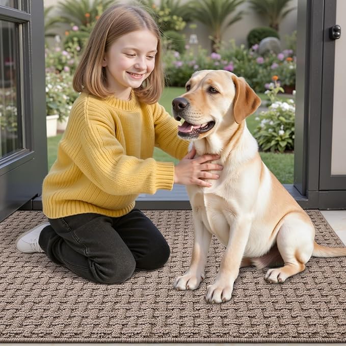LUMI Washable Door Mat Indoor Entrance 17x30, Dirt Trapper Front Door Mats with Absorbent Interior and Non-Slip Rubber Backing, Entryway Doormat, Beige