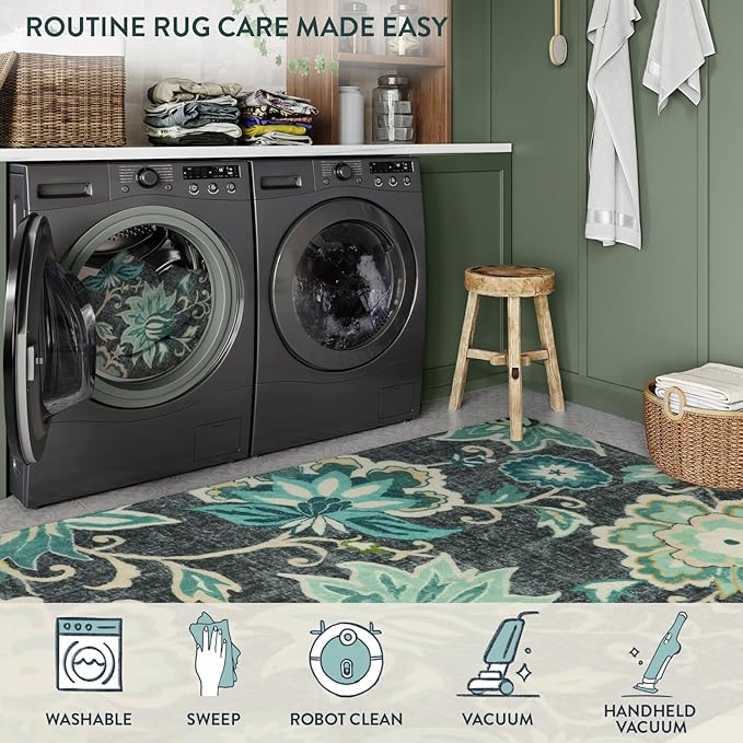 Lahome Floral Small Runner Rug - 2x5 Laundry Rug Runner Non-Slip Washable Soft RoomThrow Lightweight Hallway RCarpet ugs Indoor, Boho Blue Paisley Carpet for Bathroom Kitchen Entryway
