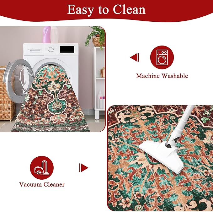 U'Artlines 2x3 Washable Boho Area Rug, Small Non Slip Vintage Doormat for Indoor Front Door Ultra Thin Mat Carpet for Entryway Kitchen Bathroom Bedroom Rust＆Teal