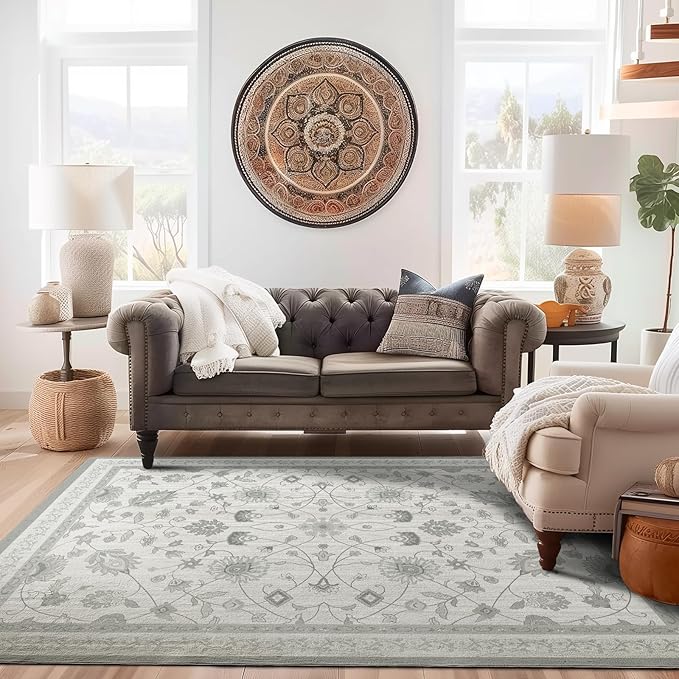 EVERGRACE Area Rugs for Living Room 8x10, Boho Floral Faux Wool Indoor Outdoor Rugs, Washable Rugs for Bedroom Dining Room Entryway Kitchen, Low Pile Floor Mat Carpet for Home Decor, Cool Gray