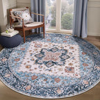 SERISSA Boho Round Area Rug, 6ft Washable Non-Slip Circle Rug, Ultra Soft Oriental Vintage Blue Orange Low-Pile Circular Carpet for Bedroom Entryway Kids Room Office College Dorm Living Room