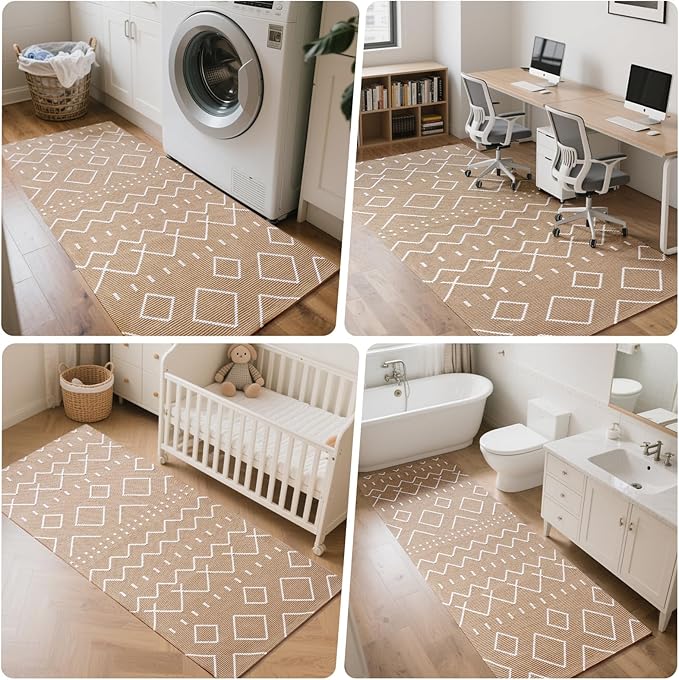 Hallway Runner Rug 2x8, Washable Kitchen Runners Non Slip, Ultra Thin Entryway Floor Mat Fit Under Door, Soft Low Pile Cotton Boho Carpet for Laundry Outdoor Bedroom