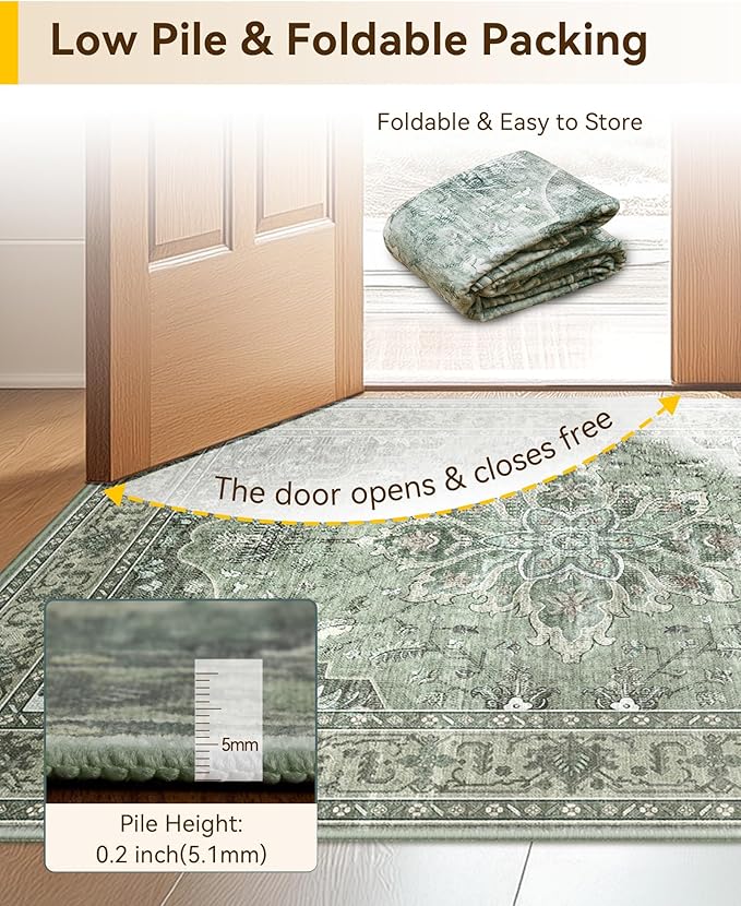 Area Rugs 6'x8' Washable Non-Slip, Floral Vintage Distress Print Pattern Medallion Carpet for Living Room Bedroom Dining Room, Dark Green Gray
