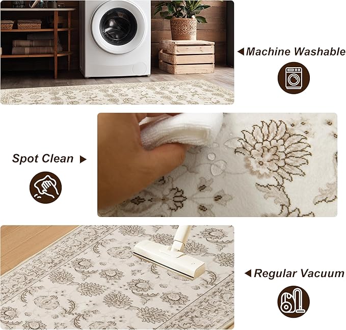 XWZO Entryway Area Rug 2x3ft — Soft Low Pile Non-Slip Door Mat for Bedroom Bathroom Kitchen Laundry Farmhouse, Spill Resistant Washable Small Indoor Carpet for Doorway & Entrance, Beige