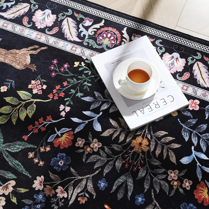 Runner Rug Washable Kitchen Runner 2'x10' Rug Floral Non-Slip for Entryway Indoor Soft Carpet for Hallways, Kitchen, Laundry, Bedroom, Bathroom (Vibrant Black)