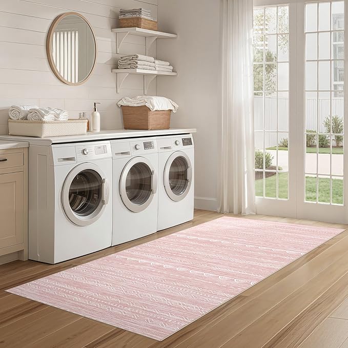 Nakagishi Runner Rug Kitchen Washable Rugs: 3x8 Non-Slip Boho Soft Modern Stain Resistant Indoor Floor Neutral Farmhouse Throw Carpet for Hallway Bathroom Laundry Room Entryway Bedroom- Pink