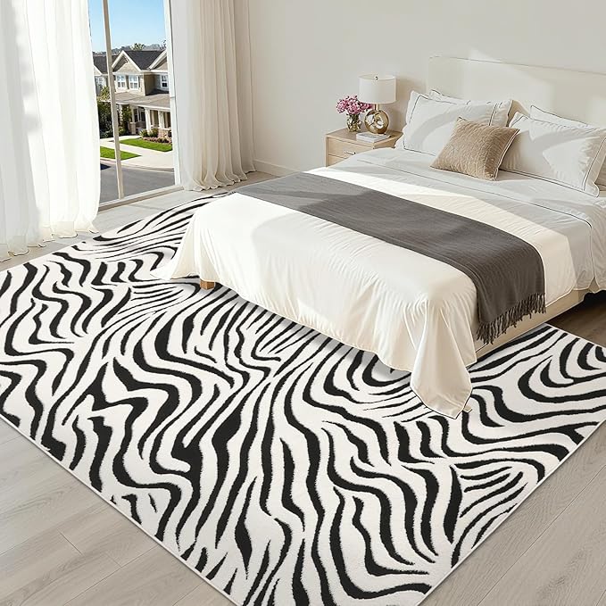 YIHOUSE 8×10 Ft Area Rugs for Living Room: Modern Washable Rug - Abstract Black and Cream White Rug for Bedroom Dining Room Office Playroom Nursery Home Decor - Nonslip Non-Shedding Striped Rugs