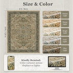 Vintage Distressed 8x10 Rugs for Living Room Bedroom, Washable Non Slip Dining Room Rugs for Under Table, Low Pile Thin Soft Carpet Moody Medallion Pattern Printed, Multi Brown/Slate Green