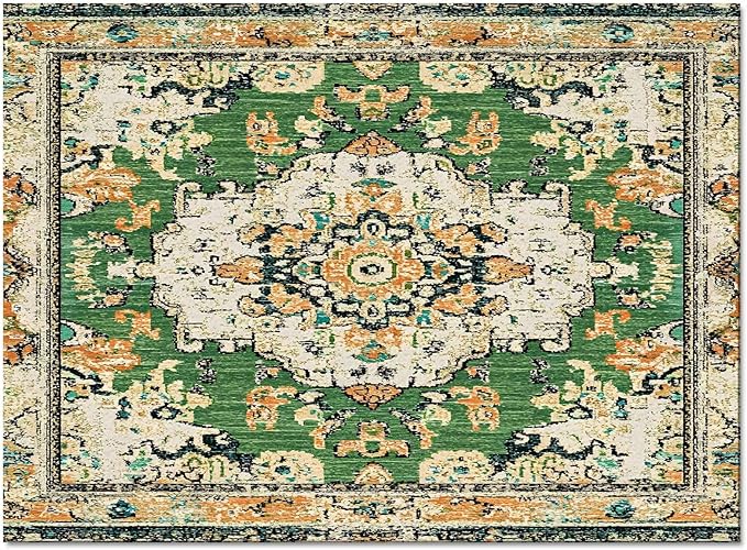 Bohemian Pattern Rectangular Area Rugs for Living Room Bedroom 5 x 6.9 ft Green & Orange Abstract Non-Shedding Soft Low Pile Rug Non Slip Washable Rug for Nursery Entryway Playroom