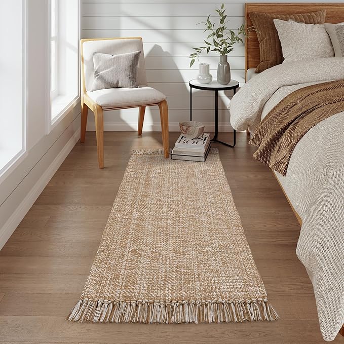 Collive Kitchen Runner Rug, 2' x 4.3' Hand-Woven Reversible Washable Rugs, Tan Cotton Modern Farmhouse Bathroom Mat Hallway Carpets for Foyer Bedroom Entry Back Door Decor
