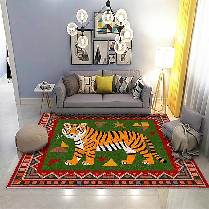 Colorful Tiger Pattern Area Rug, 6x8ft,Stylish Geometric Border Tiger Rug, Add Unique Charm To Your Home,Cute Animal Print Pattern Rugs Suitable for Children's Room Living Room Bedroom Farmhouse