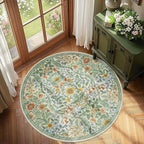 Round Rug 4ft Grass Green Washable Floral Circle Rug,Vintage Boho Botanical Round Area Rugs, Non-Slip Soft Low-Pile Circular Carpet for Bedroom,Kids Room,College Dorm,Home Decor