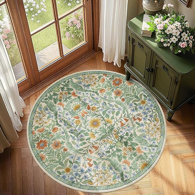 Round Rug 4ft Grass Green Washable Floral Circle Rug,Vintage Boho Botanical Round Area Rugs, Non-Slip Soft Low-Pile Circular Carpet for Bedroom,Kids Room,College Dorm,Home Decor