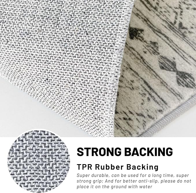 KUTA Moroccan Washable Runner Rug, 2x10 Non-Slip Vintage Grey Boho Hallway Kitchen Runners Ultra Soft Distressed Geometric Floor Carpet Rugs for Bedroom Laundry Living Room