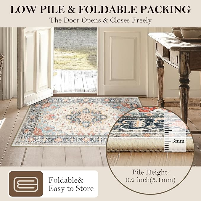 Area Rugs Square 6ft Washable Non-Slip, Floral Vintage Distress Print Pattern Medallion Carpet for Living Room Bedroom Dining Room, Beige Navy Blue Orange Colorful