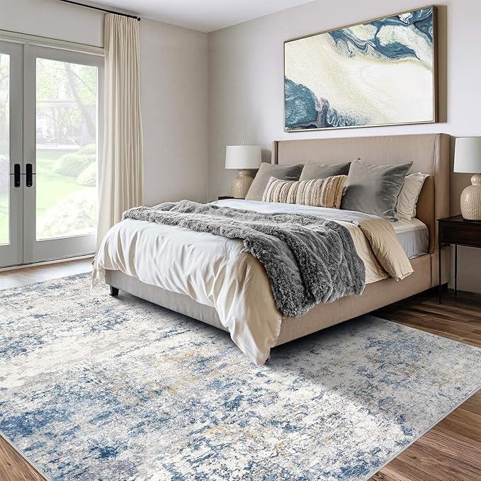 Area Rug Living Room Rugs - 10x14 Abstract Large Soft Indoor Washable Rug Neutral Modern Low Pile Carpet for Bedroom Dining Room Farmhouse Home Office - Blue