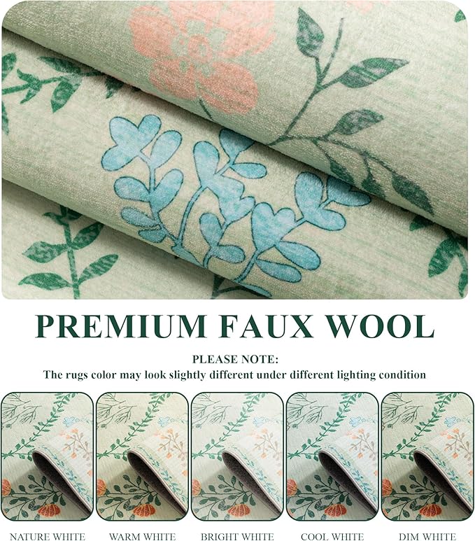YIHOUSE 8x10 Washable Rug for Living Room, Green Floral Rugs for Bedroom Boho Area Rug Non Slip Ultra-Thin Large Rug for Kids Playroom, Classroom, Girls Dorm, Nursery, Green Multi
