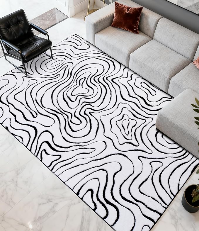 YIHOUSE Modern Rugs for Living Room 6x9, Washable Black and White Bedroom Rug, Fluffy Geometric Dining Room Rugs for Under Table Home Decor