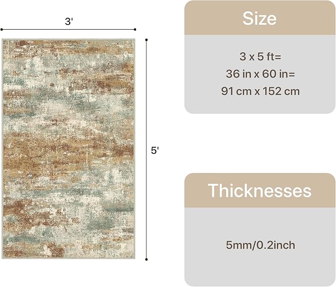 GENIMO 3x5 Rug for Entryway Washable Area Rug, Modern Abstract Small Rugs for Entrance Living Room, Bedroom Beside Rugs, Non-Slip Low Pile Lightweight Soft Carpet, Orange Green
