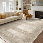 Vintage Neutral Large Area Rugs 9x12 for Living Room, Earth Tone Beige Taupe Big Room Carpet Rug for Bedroom Dining Room, Washable Rug with Rubber Backing Low Pile Thin Soft for Family Room
